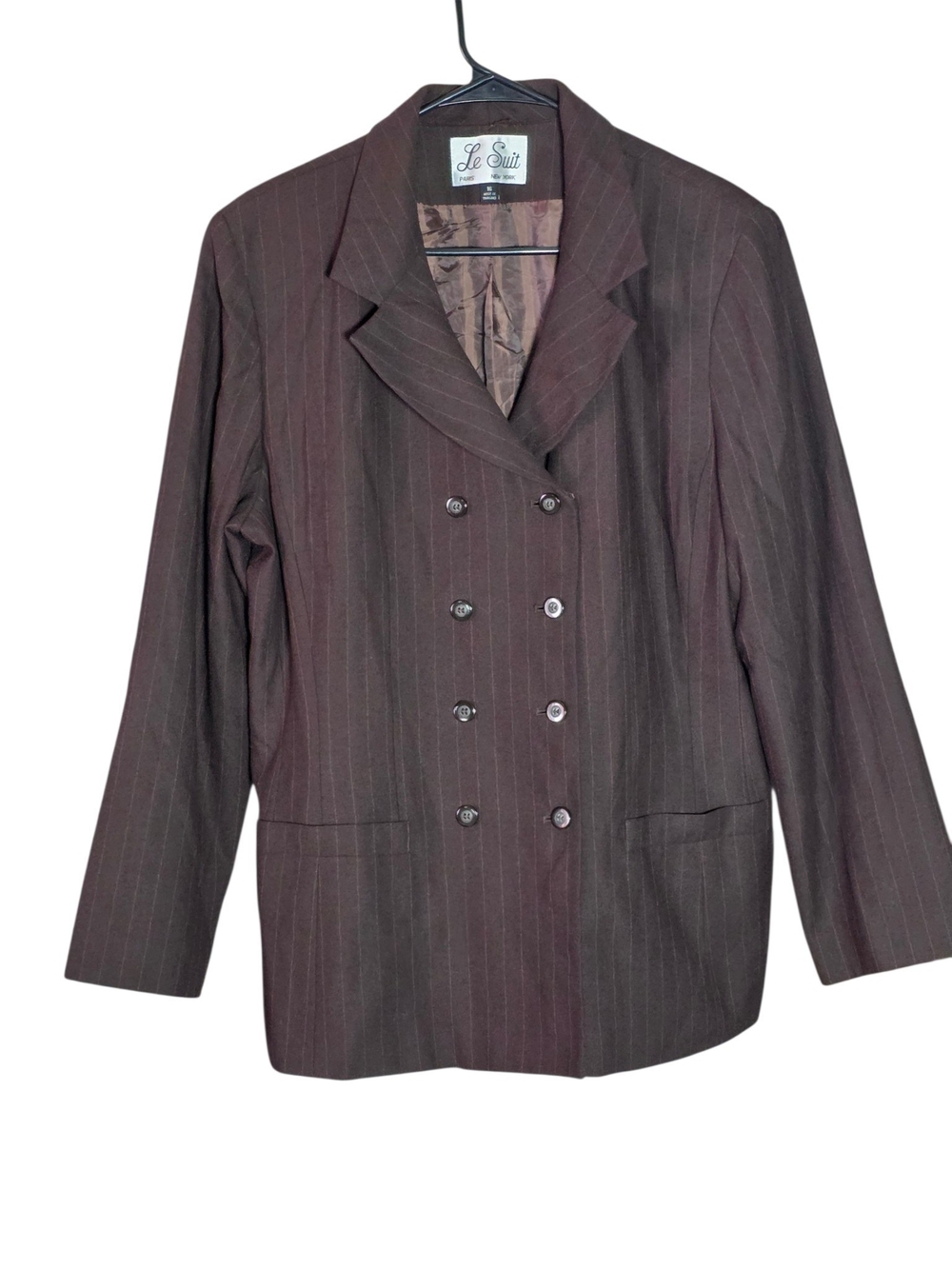 Vintage Le Suit Brown Pinstripe Double Breasted Blazer Jacket Size 16 Oversized